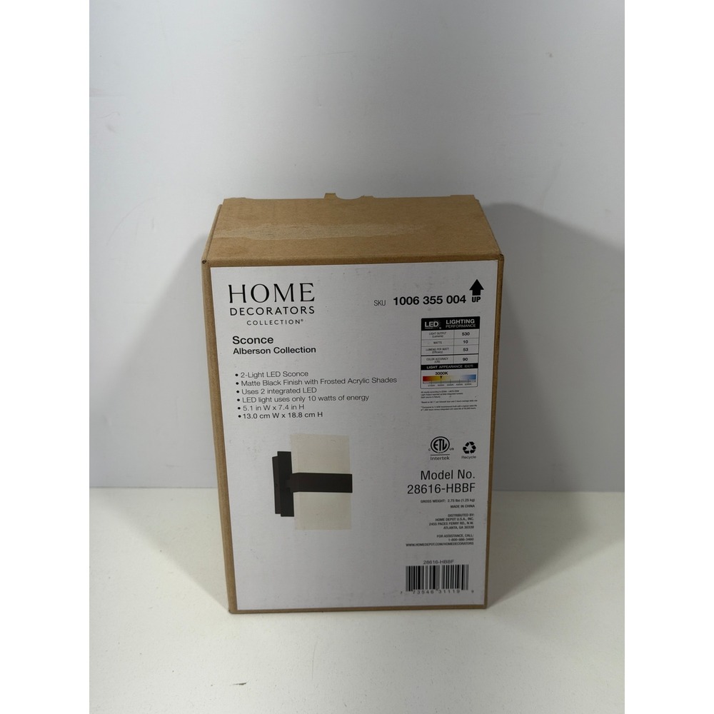 Home Decorators Alberson 2-Light LED Sconce Matte Black Frosted 28616-HBBF NEW